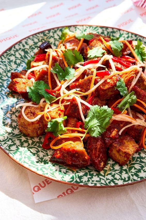 Sambal marinated aubergine and tofu with pickles 