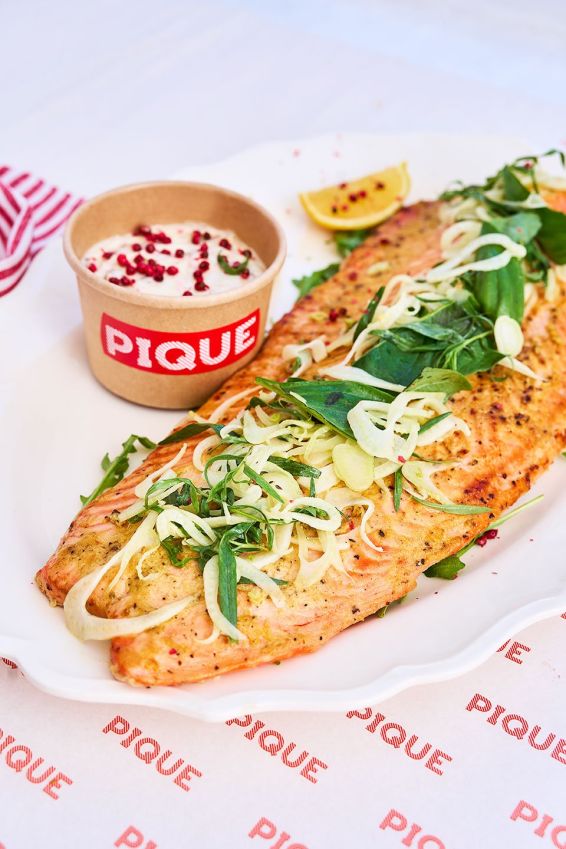 Lemon roasted trout, tarragon and basil, pink peppercorn aioli