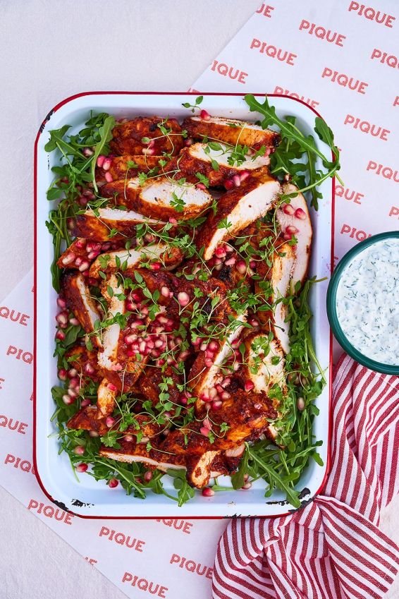 Smoky harissa & honey chicken with pomegranate and herby yoghurt - Halal