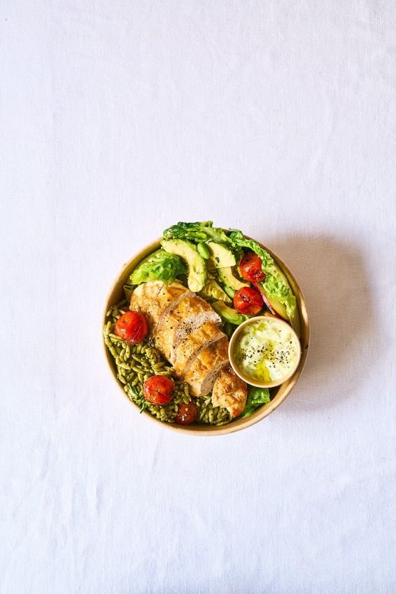 Lemon & herb roasted chicken, orrechiette with pumpkin seed pesto and winter greens - Halal