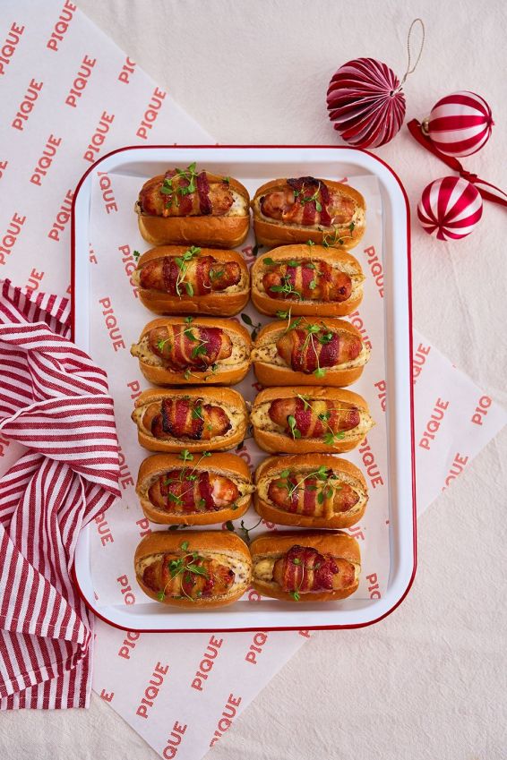 Honey glazed pig in blankets sliders with wholegrain mustard aioli