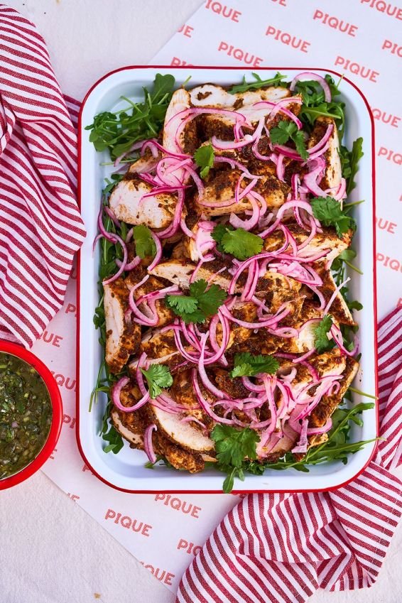 Chipotle and lime marinated chicken with pink onions, tomatillo salsa & coriander - Halal