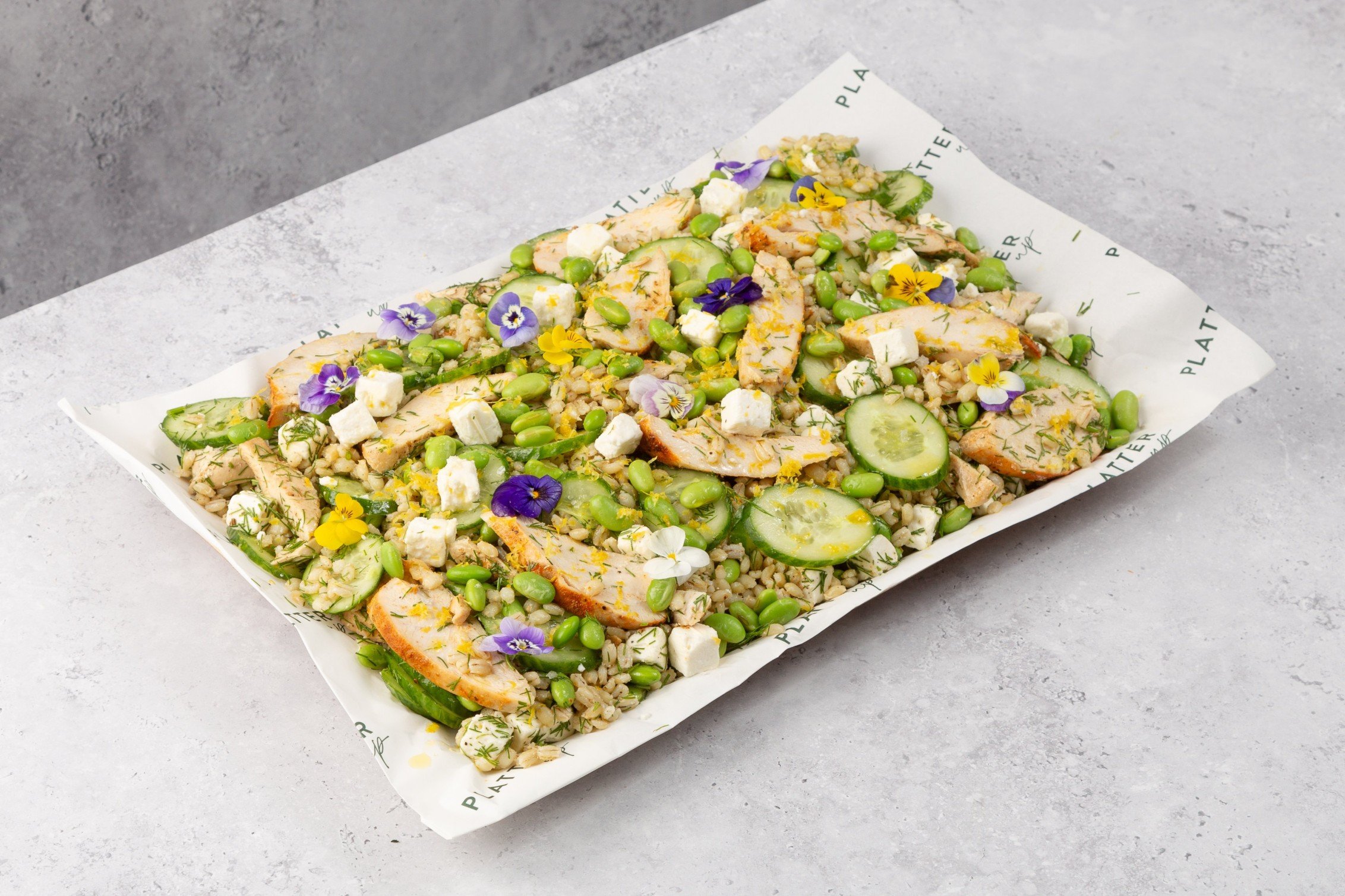 Chicken, Barley, Feta, Cucumber, Edamame, Dill, and Mint Salad Platter - Feeds 8