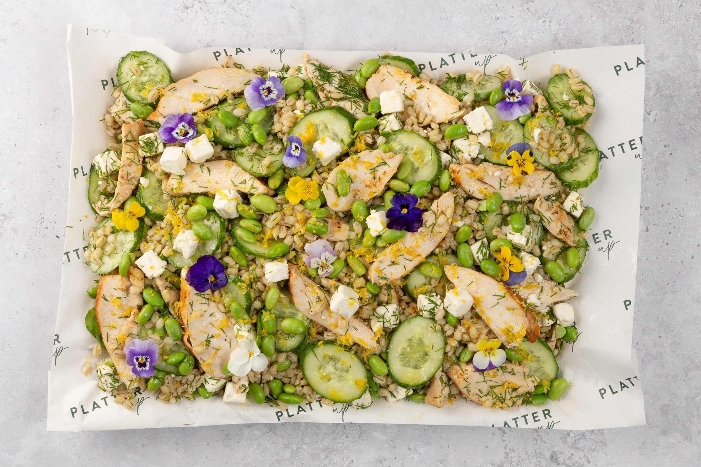 Chicken, Barley, Feta, Cucumber, Edamame, Dill, and Mint Salad Platter - Feeds 8
