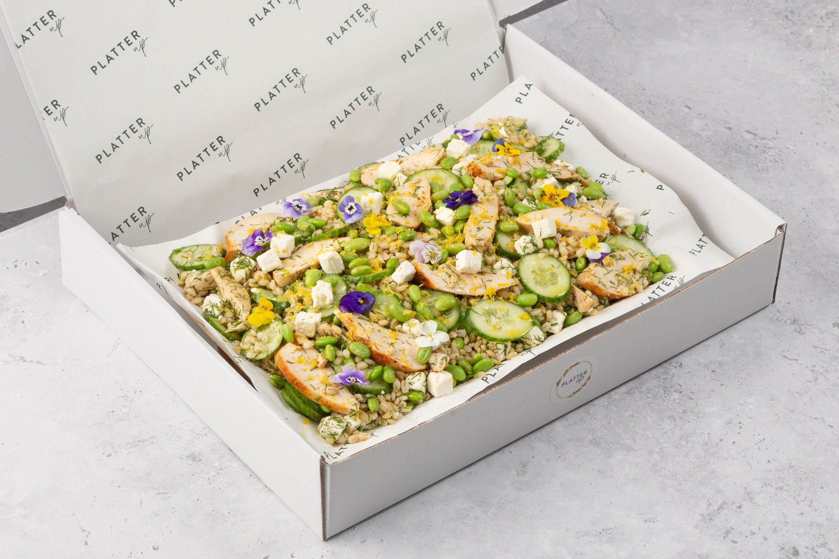 Chicken, Barley, Feta, Cucumber, Edamame, Dill, and Mint Salad Platter - Feeds 8