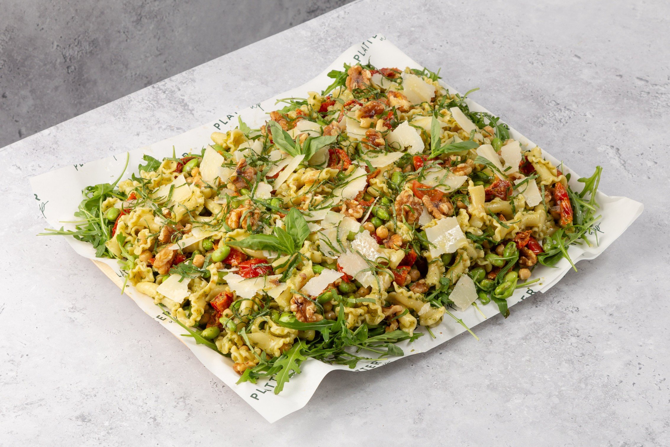 Trofie, Pesto, Sundried Tomatoes, Chickpeas, Broad Beans and Edamame Salad Platter - Feeds 8