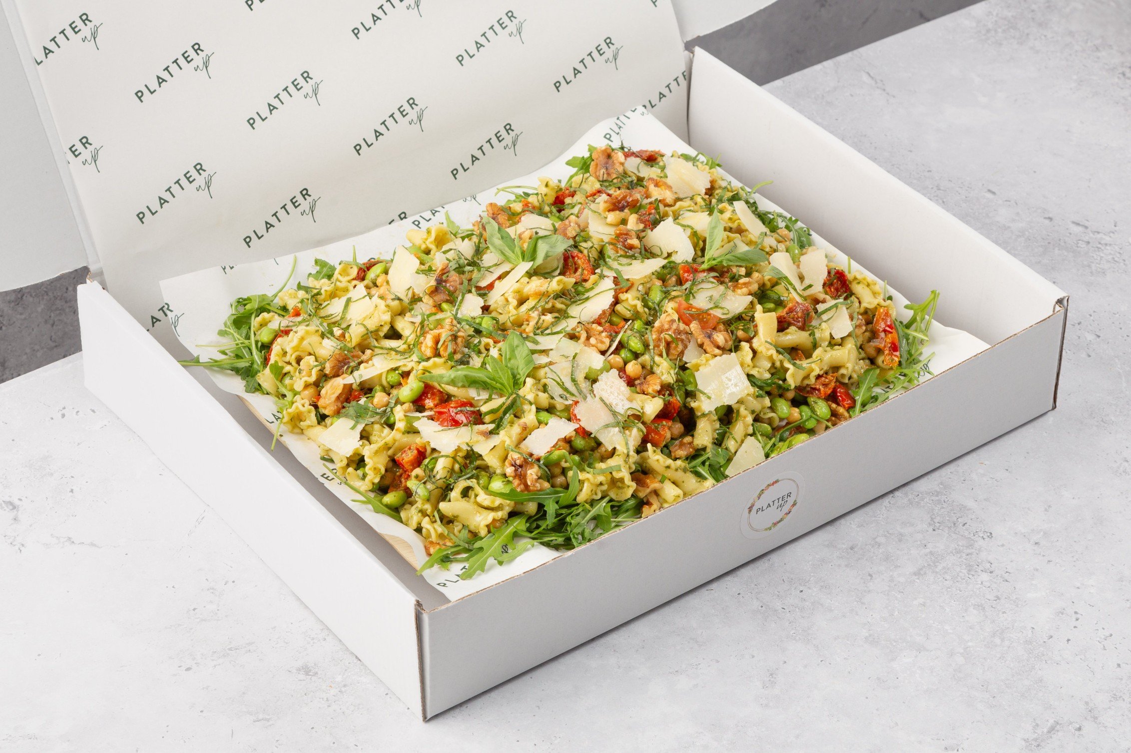 Trofie, Pesto, Sundried Tomatoes, Chickpeas, Broad Beans, and Edamame Salad Platter - Feeds 8