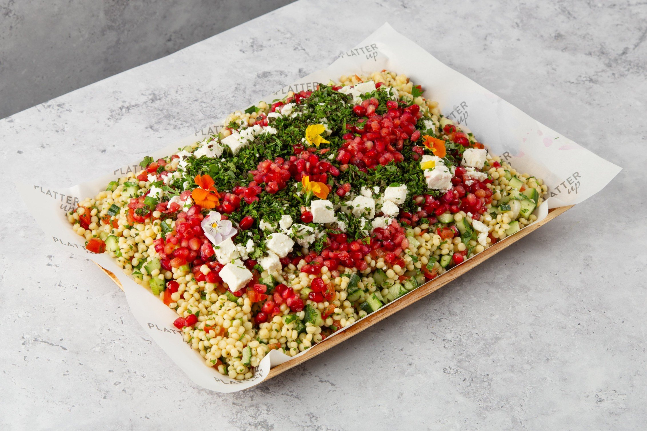 Tabbouleh Salad with Pearl Couscous, Fresh Herbs, Feta and Pomegranate 