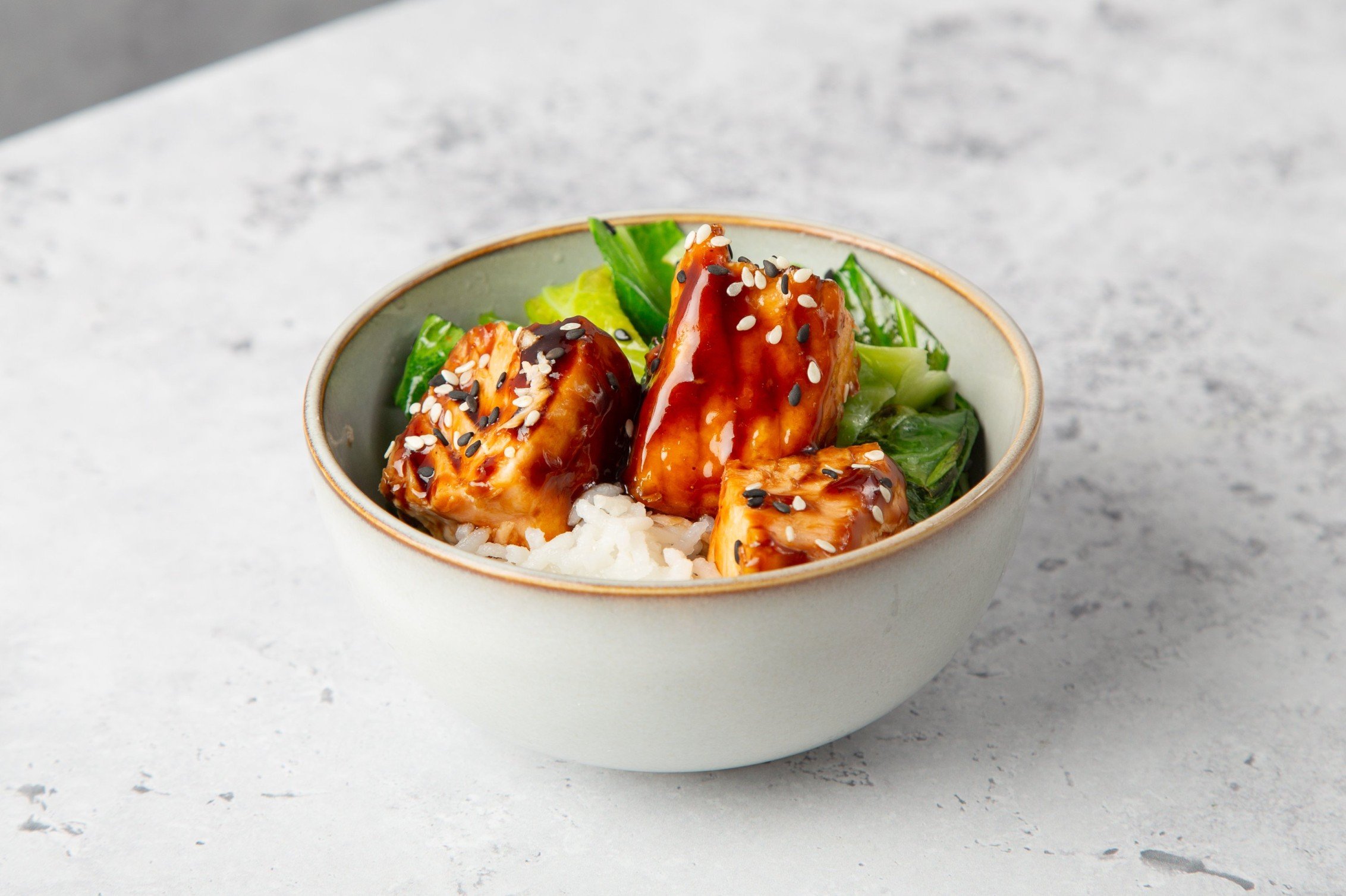 Teriyaki-Glazed Salmon Fillet on Asian Greens with Rice - Hot