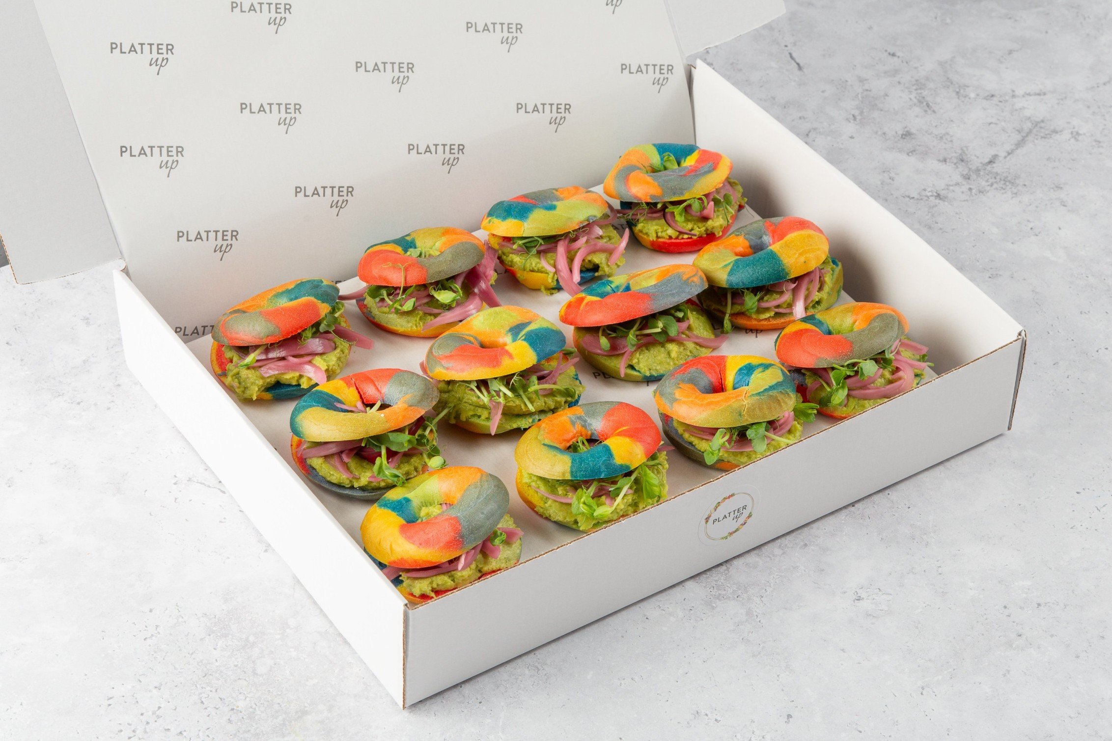 Vegan Rainbow Bagel Platter with Smashed Avocado, Pea Shoots, and Pickled Red Onions - 12