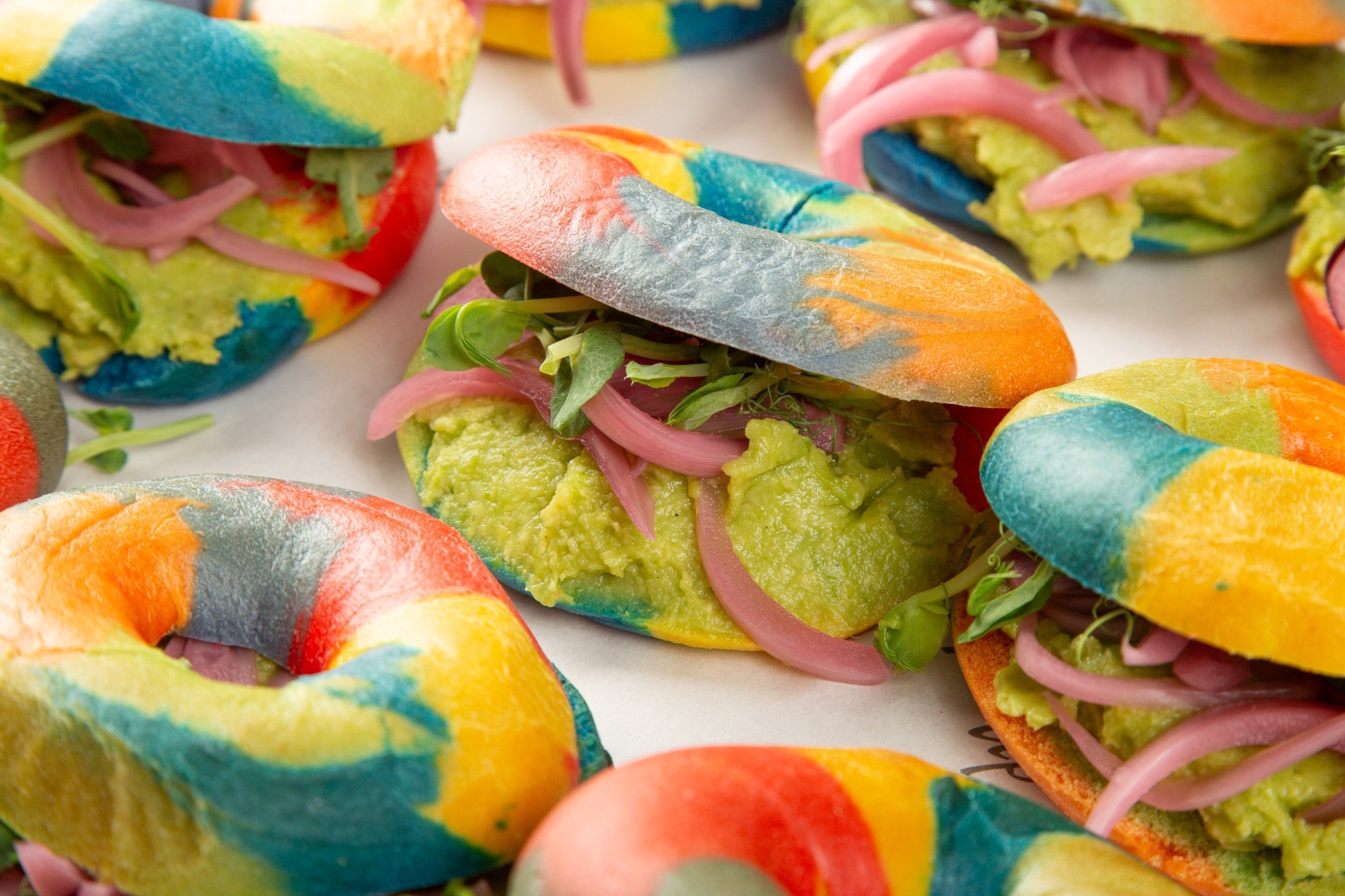 Vegan Rainbow Bagel Platter with Smashed Avocado, Pea Shoots, and Pickled Red Onions - 12