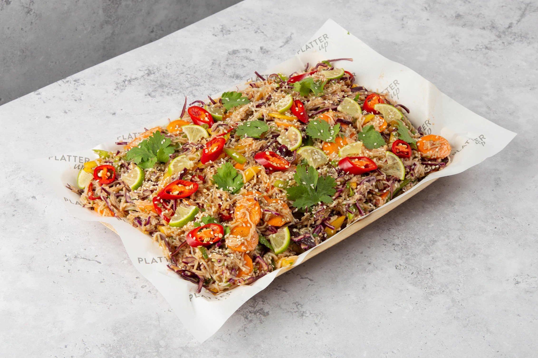 Vegan Thai Salad with Cabbage, Carrot, Spring Onion, Fresh Herbs, Edamame and Rice Noodles - Feeds 8