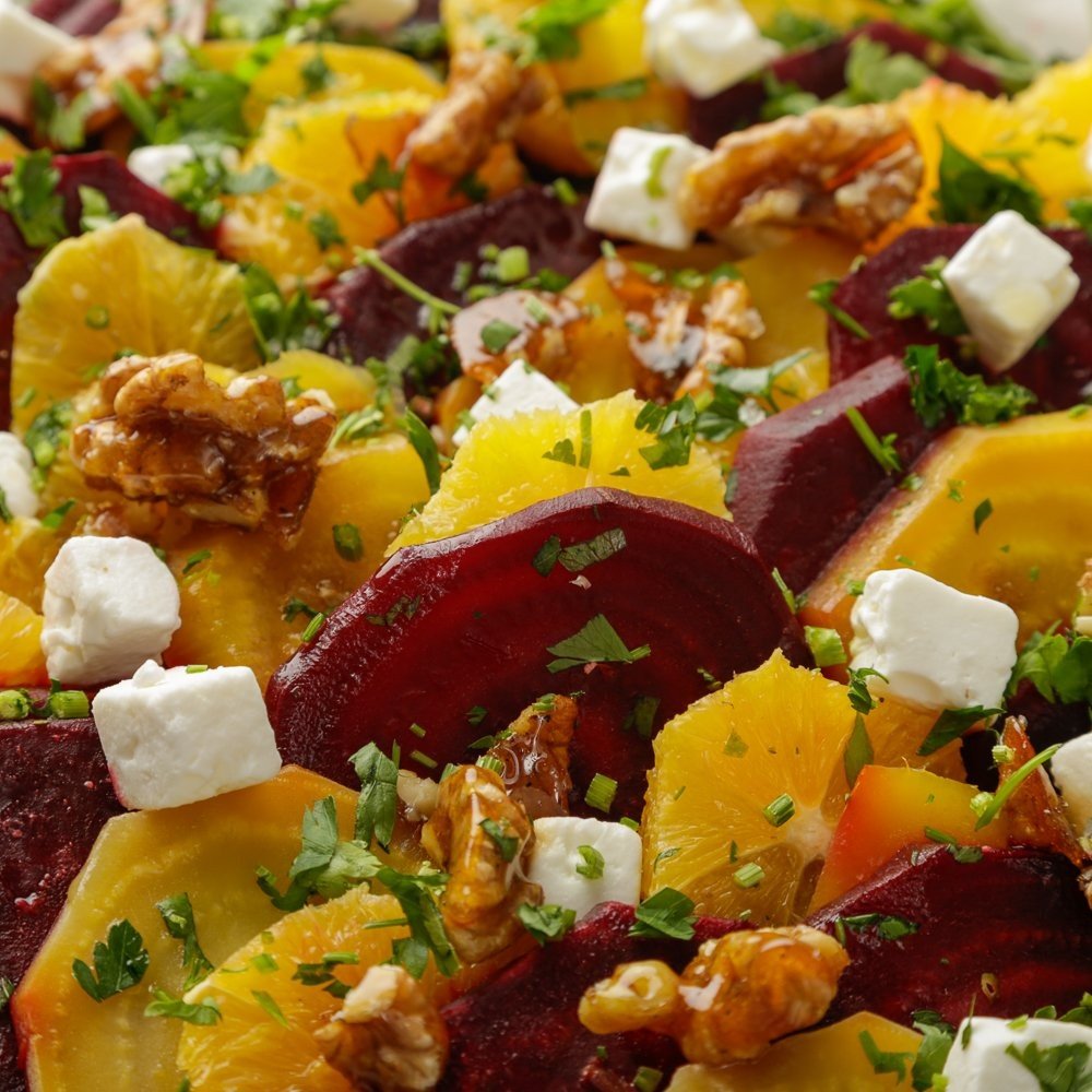 Beetroot, Orange, Rocket, Walnut, Feta Cheese and Parsley Salad with a Vinaigrette Dressing - Feeds 8