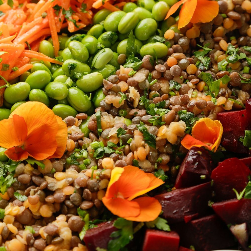 Vegan High Fibre, High Protein Salad with Spinach, Purple Cabbage, Grated Carrot, Edamame, Cooked Beetroot and Lentils with a Balsamic Dressing - Feeds 8