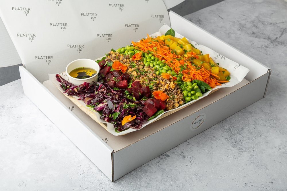 Vegan High Fibre, High Protein Salad with Spinach, Purple Cabbage, Grated Carrot, Edamame, Cooked Beetroot and Lentils with a Balsamic Dressing - Feeds 8