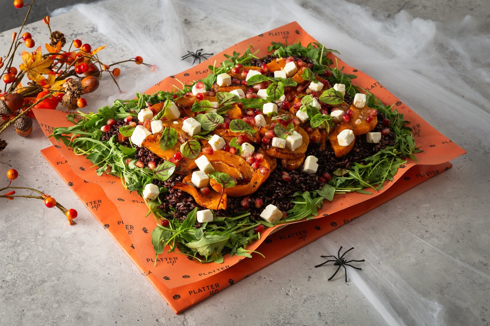 Pumpkin, Black Rice, Feta and  Pomegranate (V) – Feeds 8