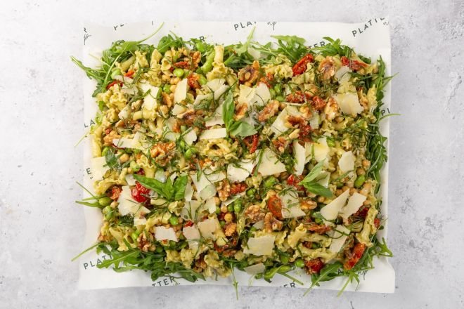 Trofie, Pesto, Sundried Tomatoes, Chickpeas, Broad Beans, and Edamame Salad Platter - Feeds 8