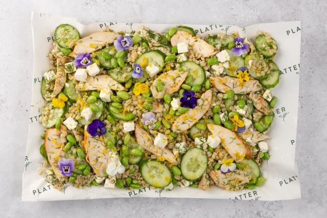 Chicken, Barley, Feta, Cucumber, Edamame, Dill, and Mint Salad Platter - Feeds 8