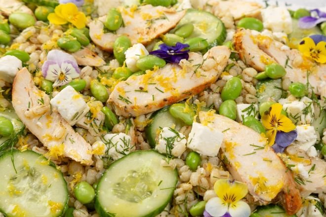Chicken, Barley, Feta, Cucumber, Edamame, Dill, and Mint Salad Platter - Feeds 8