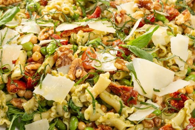 Trofie, Pesto, Sundried Tomatoes, Chickpeas, Broad Beans, and Edamame Salad Platter - Feeds 8