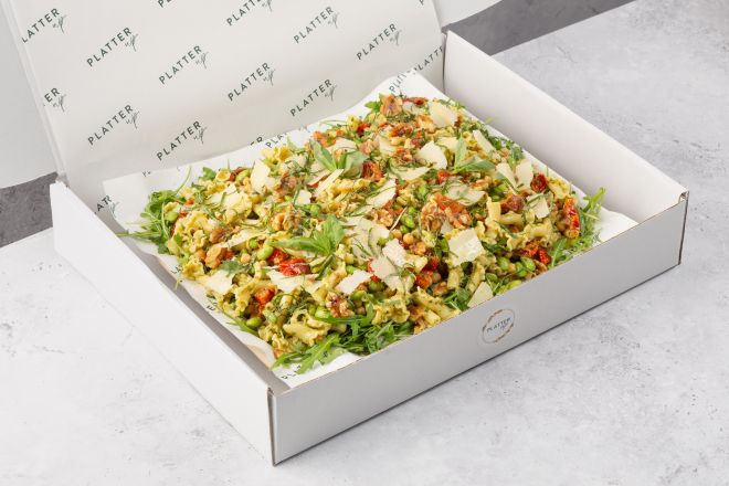 Trofie, Pesto, Sundried Tomatoes, Chickpeas, Broad Beans, and Edamame Salad Platter - Feeds 8
