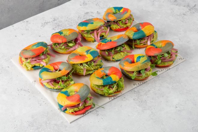 Vegan Rainbow Bagel Platter with Smashed Avocado, Pea Shoots, and Pickled Red Onions - 12
