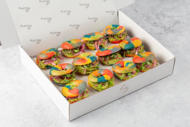 Vegan Rainbow Bagel Platter with Smashed Avocado, Pea Shoots, and Pickled Red Onions - 12