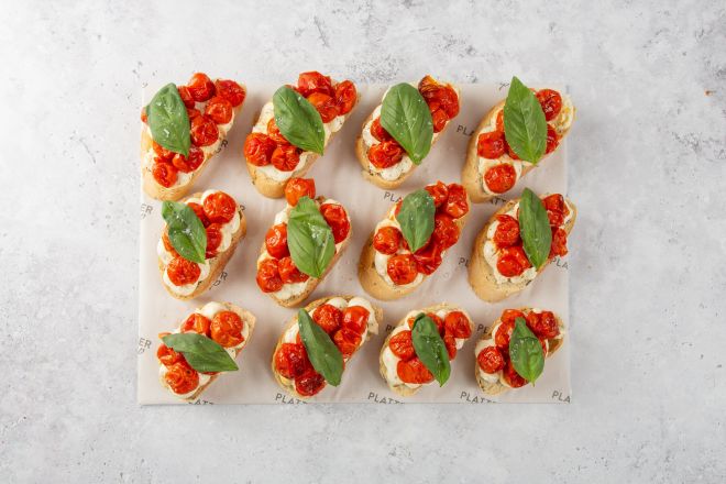 Olive Bread topped with Ricotta and Cherry Tomatoes - 12