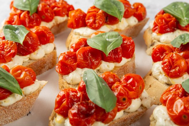 Olive Bread topped with Ricotta and Cherry Tomatoes - 12