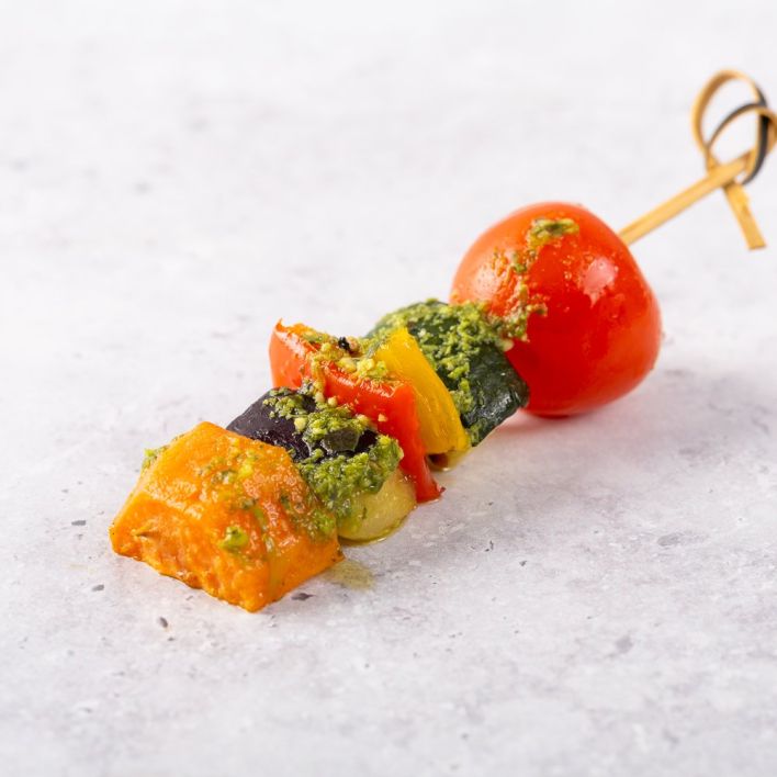 Vegetarian Gluten-Free Roasted Mediterranean Vegetable Skewer with Sundried Tomato and Pesto