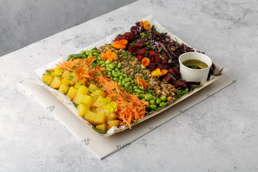 Vegan High Fibre, High Protein Salad with Spinach, Purple Cabbage, Grated Carrot, Edamame, Cooked Beetroot and Lentils with a Balsamic Dressing - Feeds 8