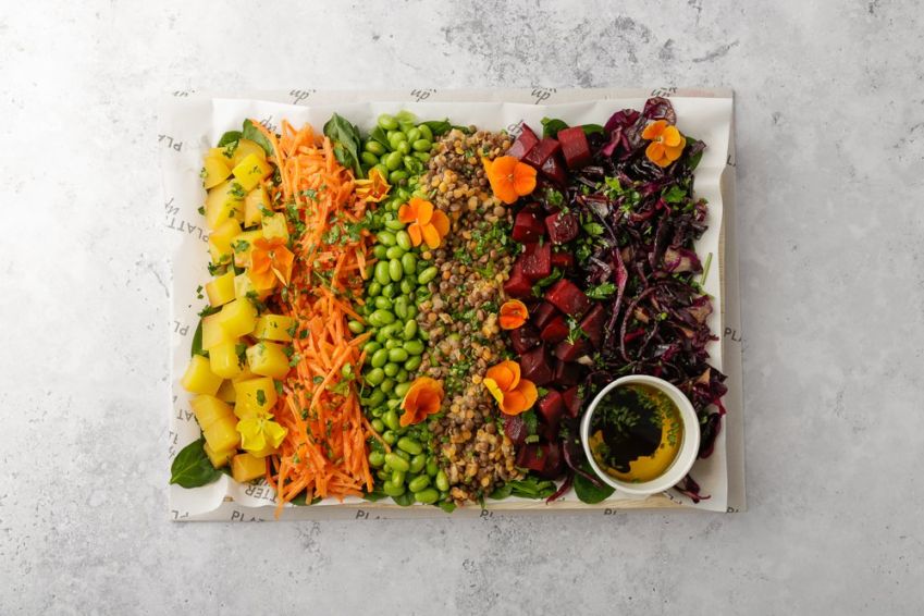 Vegan High Fibre, High Protein Salad with Spinach, Purple Cabbage, Grated Carrot, Edamame, Cooked Beetroot and Lentils with a Balsamic Dressing - Feeds 8