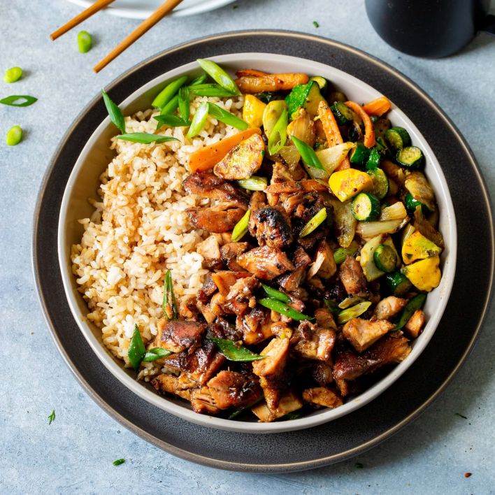Bourbon chicken with basmati rice and mixed vegetables