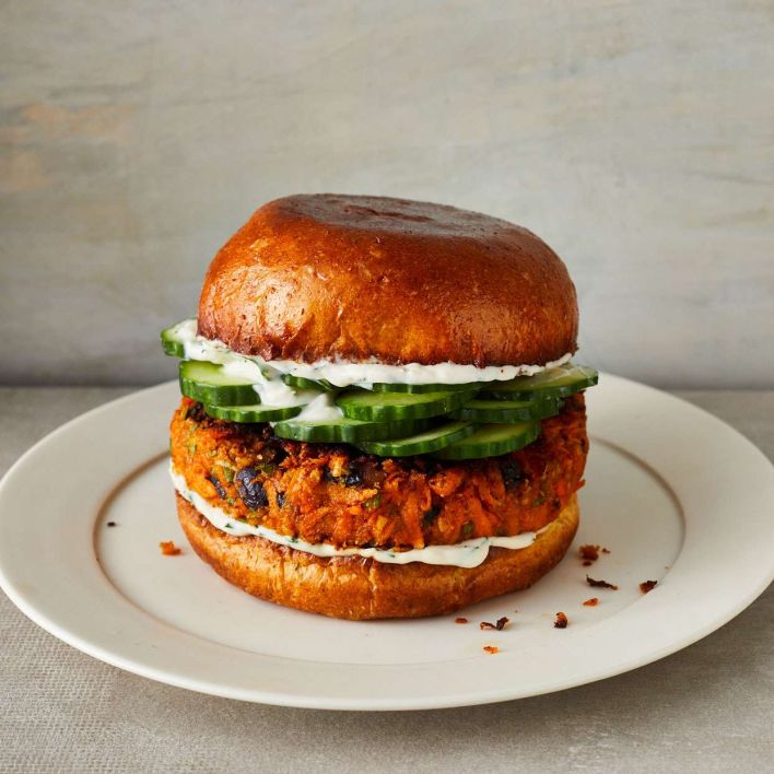 Sweet potato black bean burger with Brussels sprouts 