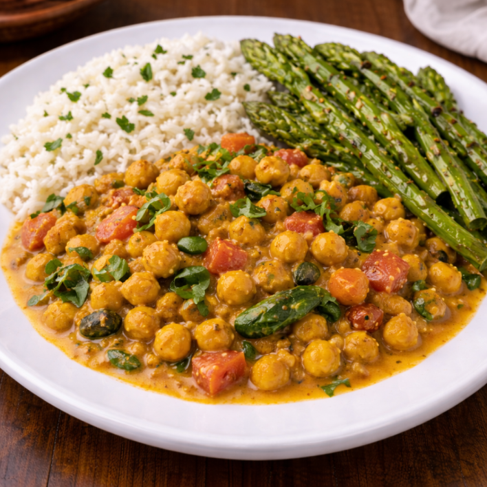 Curry chickpea with rice and asparagus