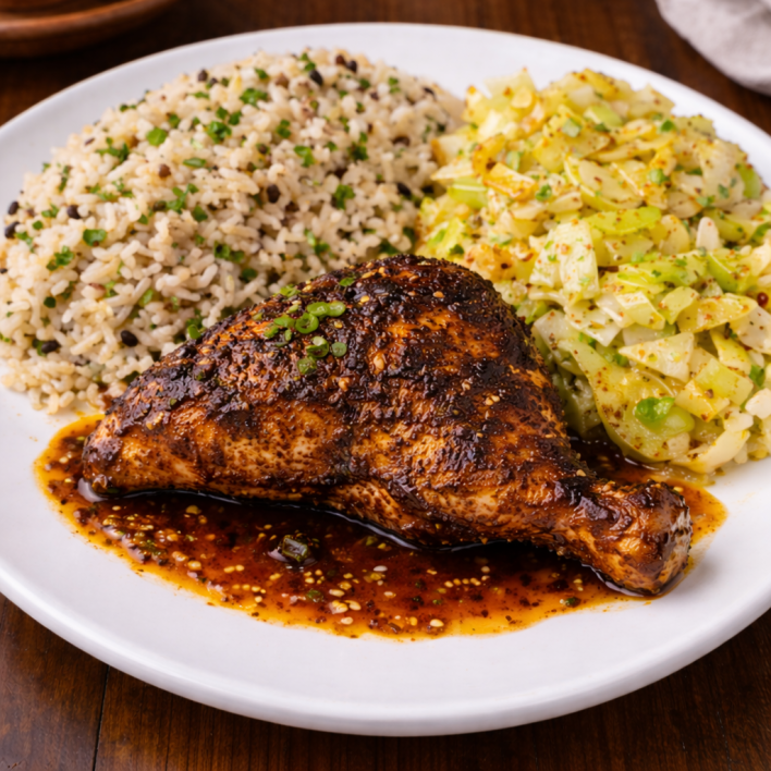 Jerk chicken with wild rice and cabbage