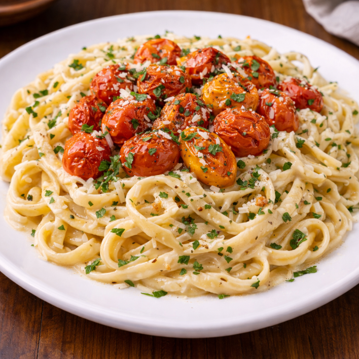 Creamy garlic pasta with roasted tomatoes