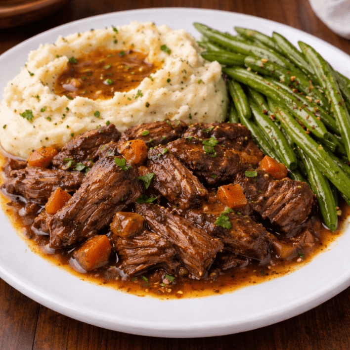 Pot roast with mashed potatoes and green beans