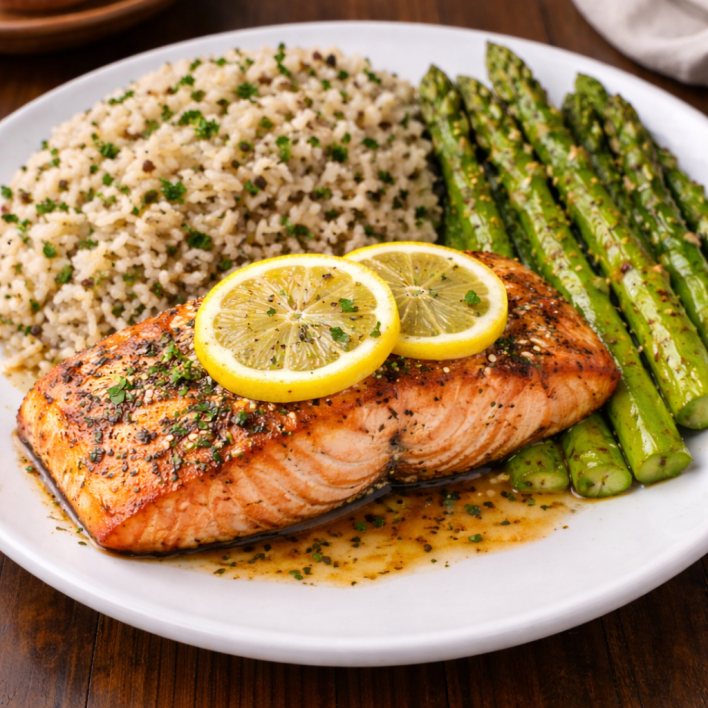 Lemon pepper salmon with wild rice and asparagus