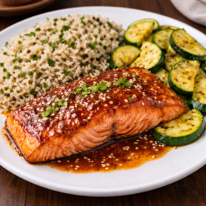 Honey garlic salmon with wild rice and zucchini