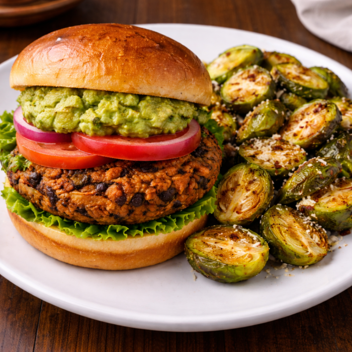 Sweet potato black bean burger with Brussels sprouts 