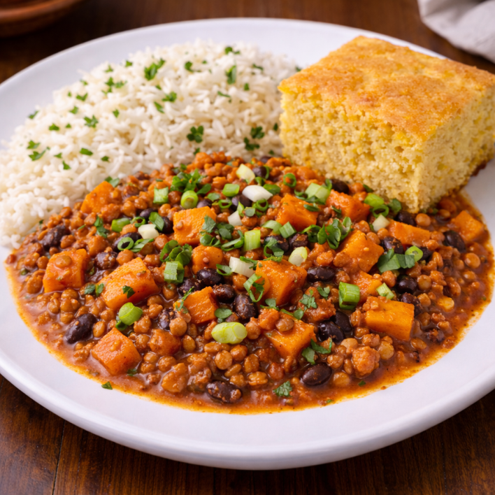 Lentil sweet potato chili with rice and cornbread
