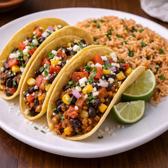 Vegetarian tacos with black beans and rice