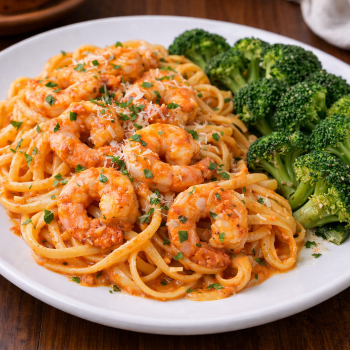 Vodka shrimp pasta with broccoli
