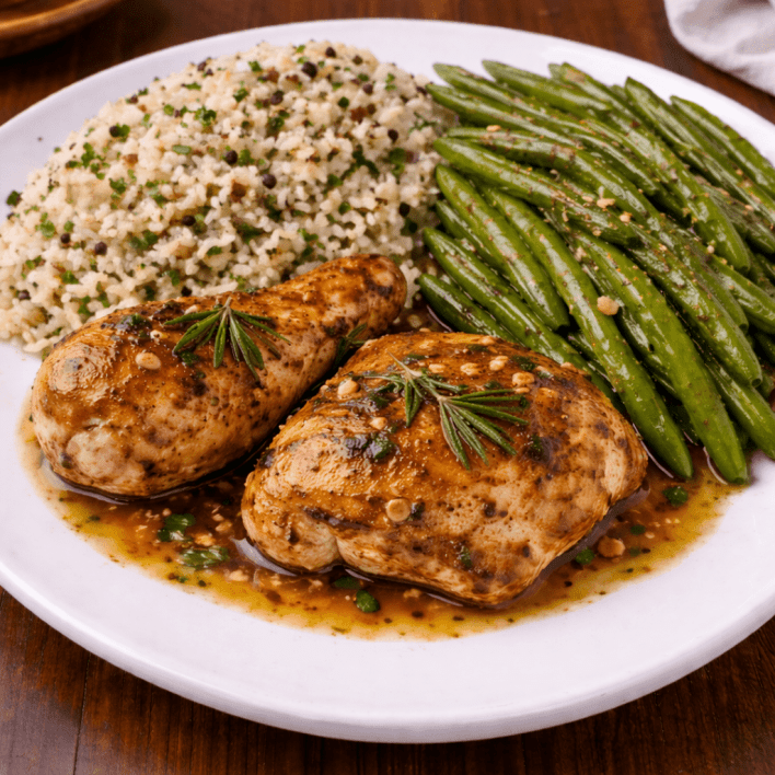 Rosemary garlic chicken with wild rice and green beans 