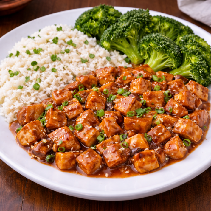 Bourbon chicken with basmati rice and mixed vegetables