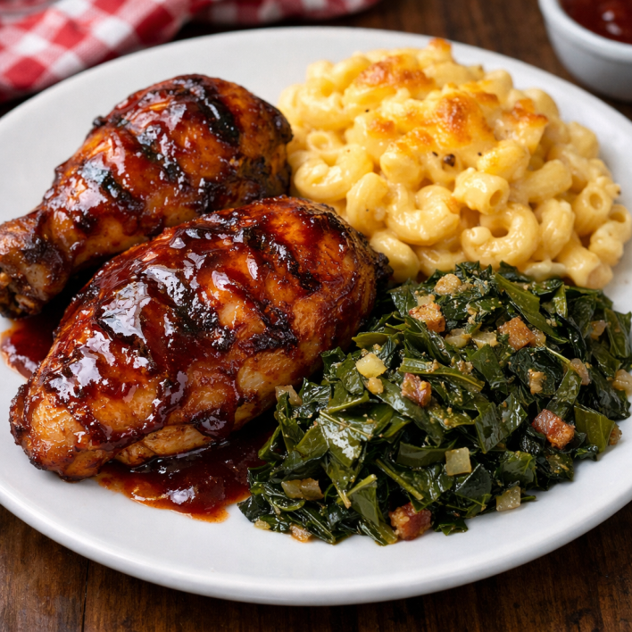 Barbecue chicken with macaroni and cheese and greens