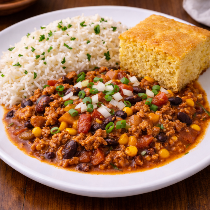 Chilli Rice Cornbread Turkey chili with basmati rice and cornbread